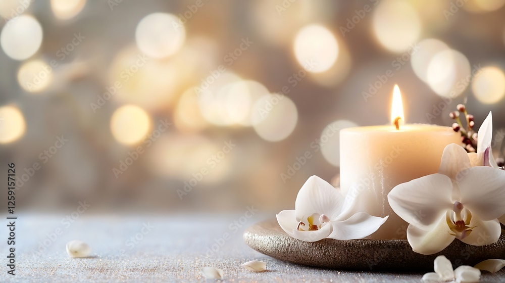 Poster Serene candle with white orchids set against a blurred illuminated background for relaxation and ambiance : Generative AI