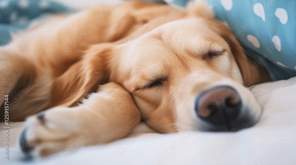 Poster Lazy Dog Napping Comfortably on Soft Bed with Calm Expression and Relaxed Pose : Generative AI
