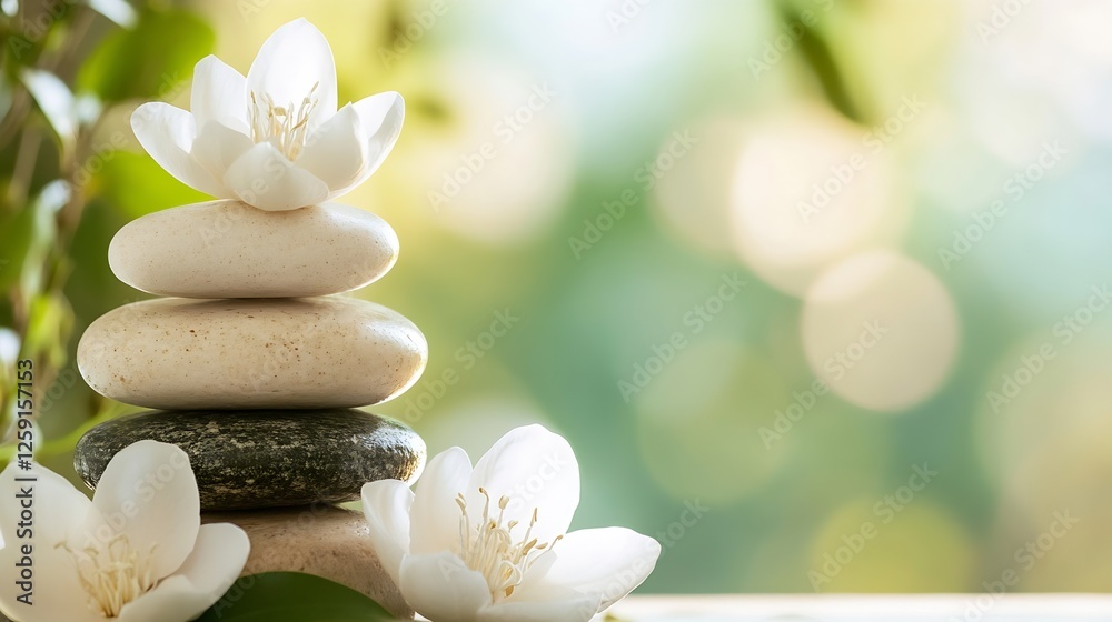Poster zen stone stack with flowers in a calm natural setting conveying serenity and balance : generative a