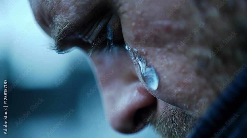 Poster Close Up of Emotionally Charged Person with Tear on Face Capturing Deep Feeling : Generative AI
