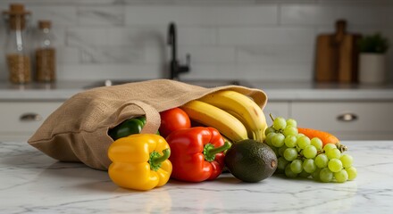 Fresh Produce Overflowing From Reusable Grocery Bag on Kitchen Counter