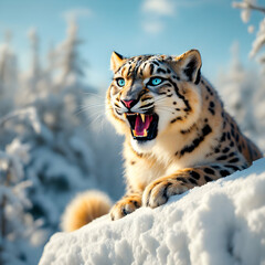 Obraz premium Roaring Leopard with Blue Eyes Resting in Snowy Forest Landscape During Winter Morning Light