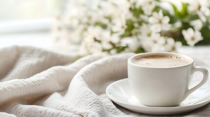 Warm cup of coffee on cozy fabric with fresh flowers for a relaxing morning moment : Generative AI