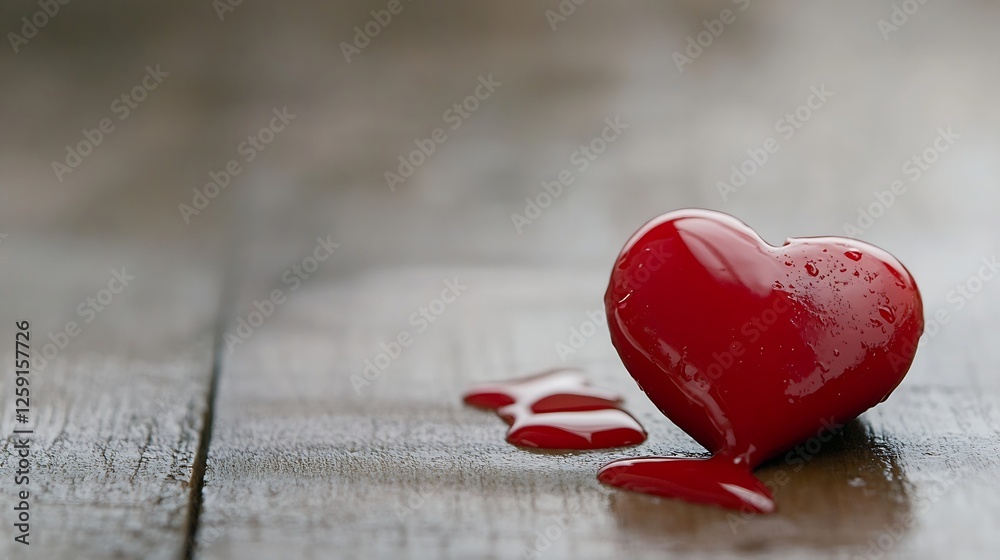Poster close up of a vibrant red heart on a rustic wooden surface with drops of water for romantic themes :