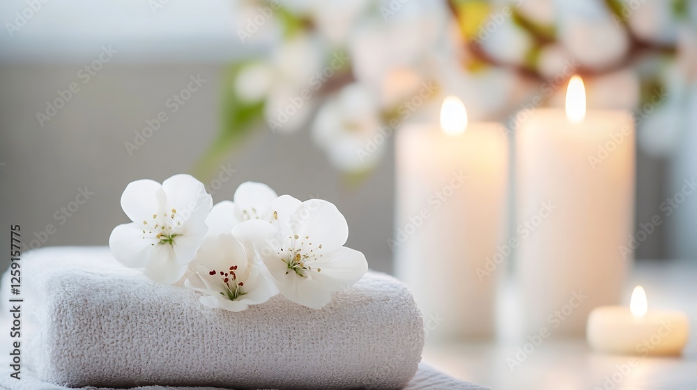 Poster relaxing spa scene with white flowers candles and towels creating a peaceful and calming atmosphere 
