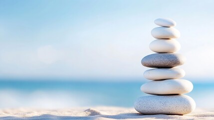 Fototapeta premium Balanced white stones stacked on sandy beach with ocean background : Generative AI