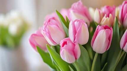 Fototapeta premium Beautiful Bouquet of Pink and White Tulips in Soft Natural Light : Generative AI