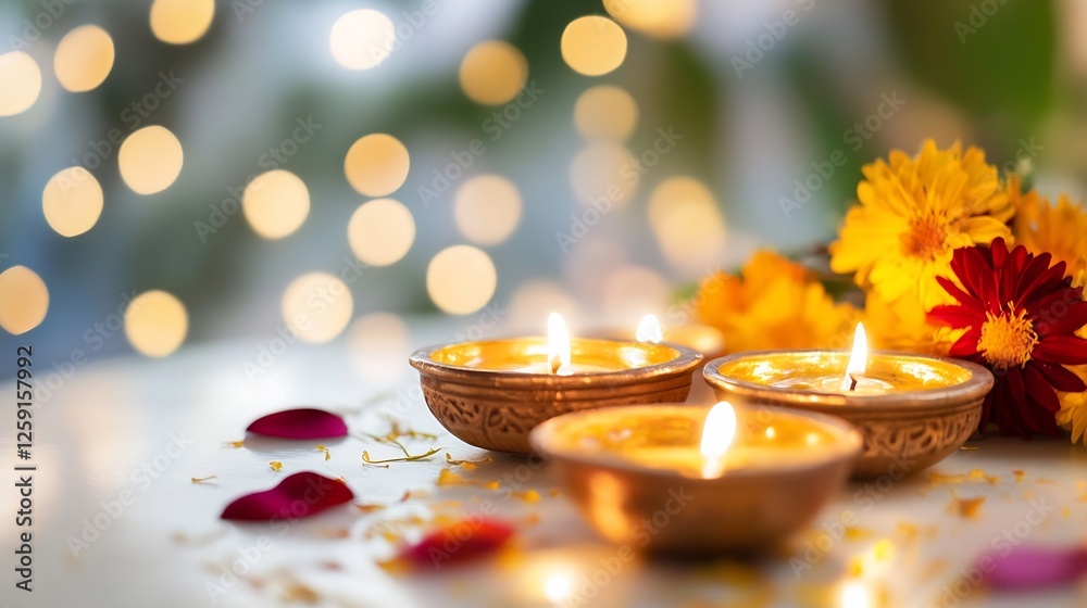 Aufkleber warm glow of traditional diwali candles with colorful flowers and soft bokeh background : generative