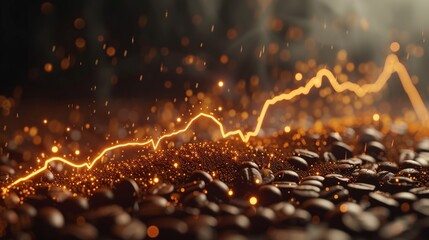 A dynamic AI-generated image of roasted coffee beans with a glowing orange financial graph overlay, symbolizing market trends and the global coffee industry. AI generated.