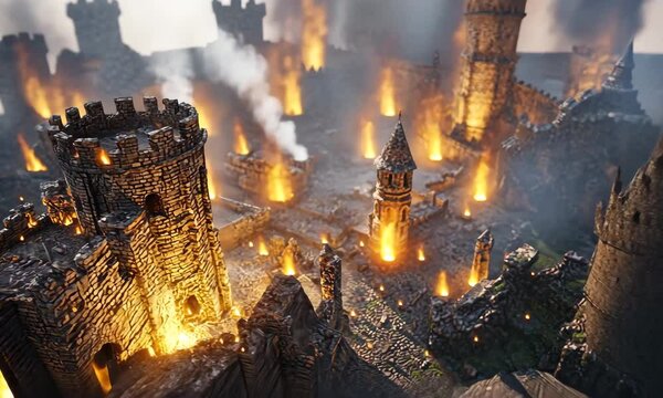 Fiery Medieval Castle Under Siege with Flames and Smoke Rising with ai generated
