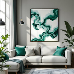Stylish Living Room Featuring Abstract Green Artwork and Modern Minimalist Furniture