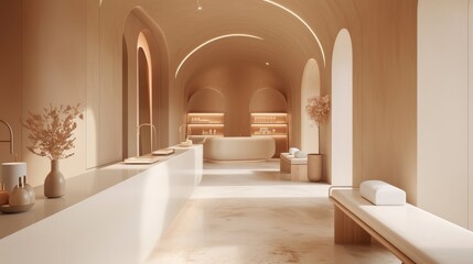 A sleek spa interior with soft neutral tones, arched ceilings, and warm ambient lighting. The elegant space conveys tranquility and relaxation, ideal for wellness and hospitality themes. AI generated.