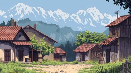 Obraz premium A scenic pixel art village set against a backdrop of towering mountains, featuring rustic homes, lush greenery, and a serene countryside atmosphere. AI generated.