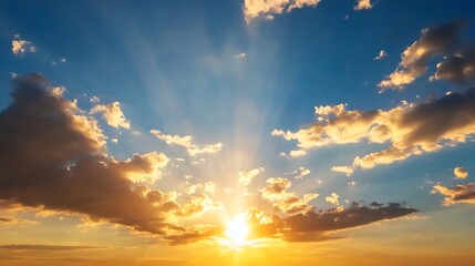 Breathtaking Sunset with Rays of Light Piercing Through Clouds in a Vibrant Sky : Generative AI