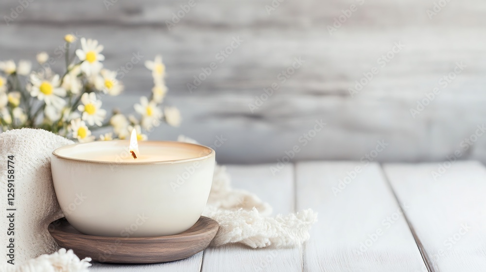 Poster serene candle in a cozy setting with beautiful flowers and soft textiles : generative ai