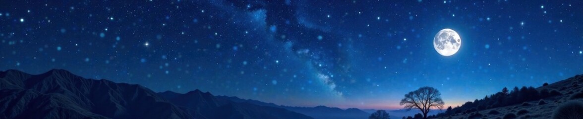 Naklejka premium Starry night sky with twinkling stars and moon, universe, astronomy, night sky