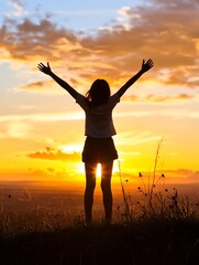 Fototapeta premium Silhouette of a joyful person celebrating at sunset atop a hill : Generative AI