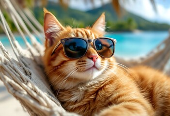 Relaxed Ginger Cat with Sunglasses on Tropical Hammock"