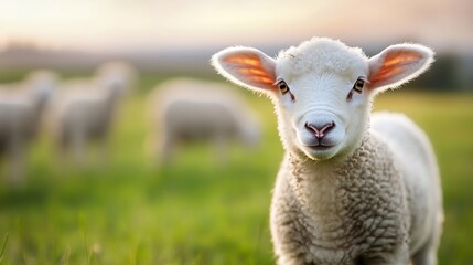 Obraz premium Adorable Lamb Looking Playfully at the Camera in Lush Green Pasture with Soft Light : Generative AI