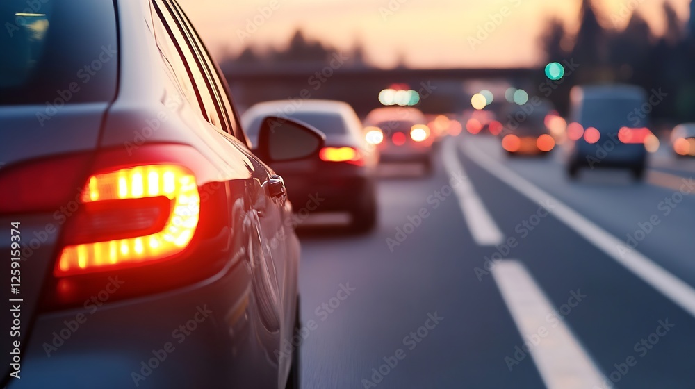 Poster evening traffic flow on a highway with cars in motion against a beautiful sunset : generative ai