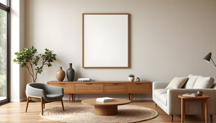 modern japandi living room with empty frame mockup, soft beige walls, organic wood furniture, neutral decor, wabi-sabi simplicity, warm ambiance