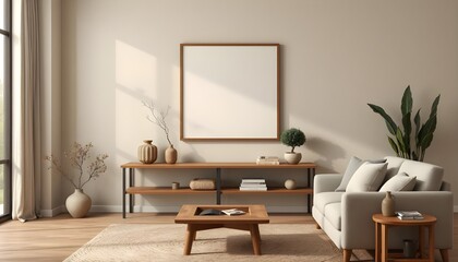 modern japandi living room with empty frame mockup, soft beige walls, organic wood furniture, neutral decor, wabi-sabi simplicity, warm ambiance
