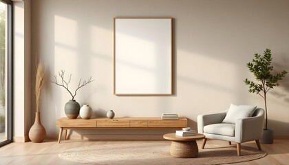 modern japandi living room with empty frame mockup, soft beige walls, organic wood furniture, neutral decor, wabi-sabi simplicity, warm ambiance