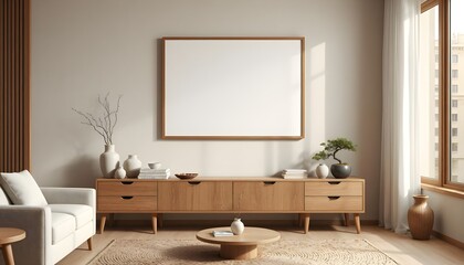 modern japandi living room with empty frame mockup, soft beige walls, organic wood furniture, neutral decor, wabi-sabi simplicity, warm ambiance
