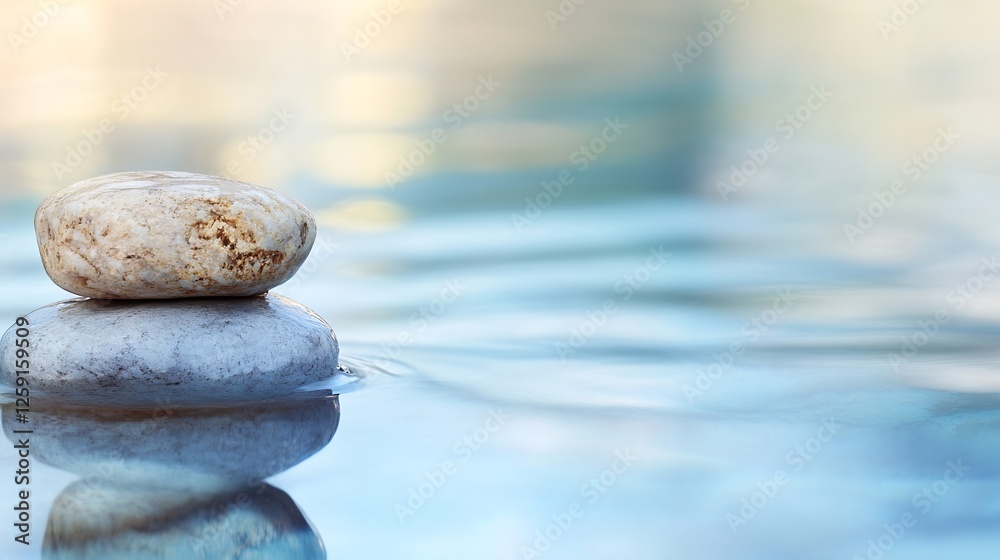 Poster serene stones balanced on water surface capturing calmness and tranquility : generative ai