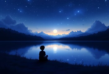 Peaceful Silhouette of a Person by a Lake at Night Under a Starry Sky