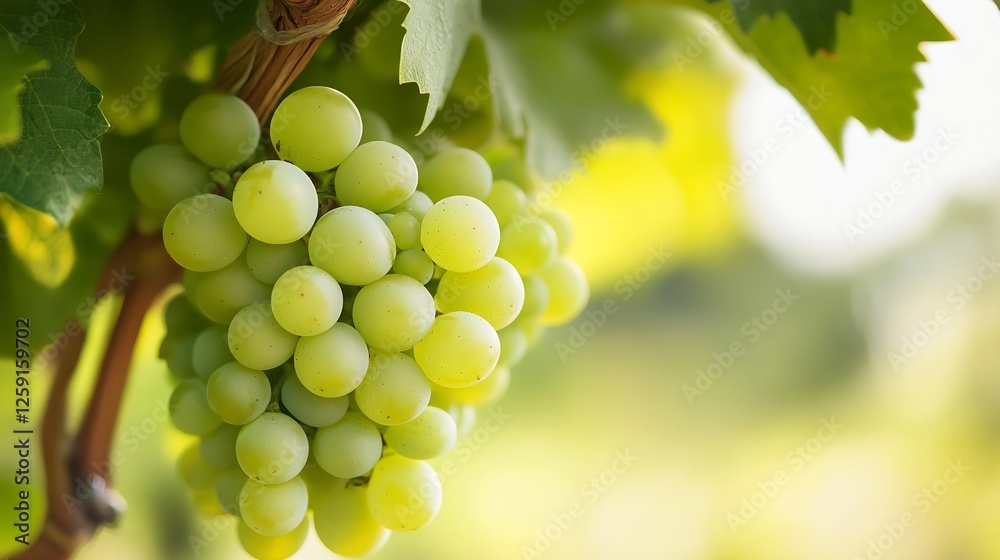 Poster bunch of fresh green grapes hanging on a vine surrounded by lush leaves : generative ai