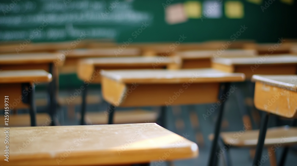 Poster empty classroom with wooden desks ready for learning in an organized and bright environment : genera