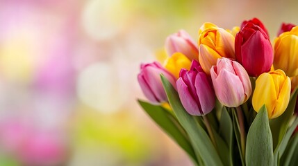 Vibrant Tulip Bouquet in Soft Focus Capturing the Splendor of Spring Blooming Flowers for Decoration : Generative AI
