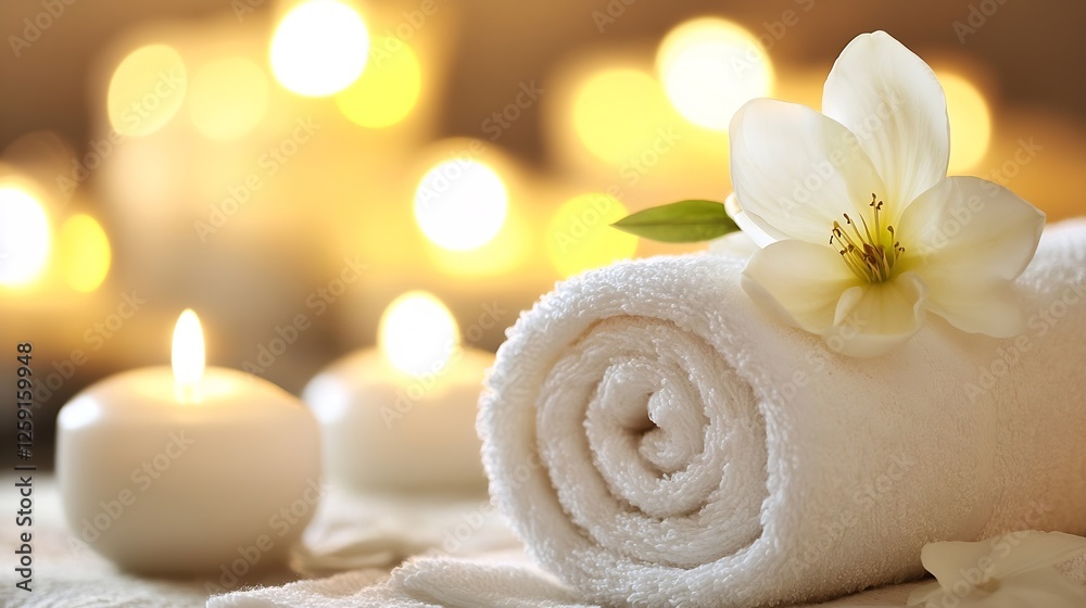Poster relaxing spa scene with rolled towels candlelight and a blossom for calm ambience : generative ai