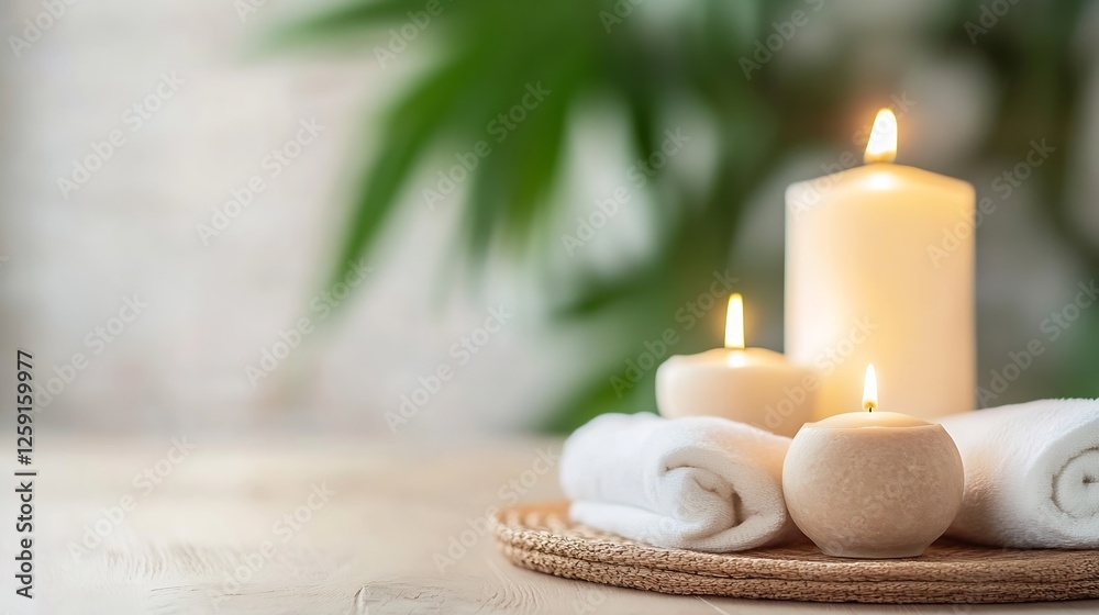 Aufkleber Serene Spa Setting with Candles and Plush Towels Emphasizing Relaxation and Calmness : Generative AI