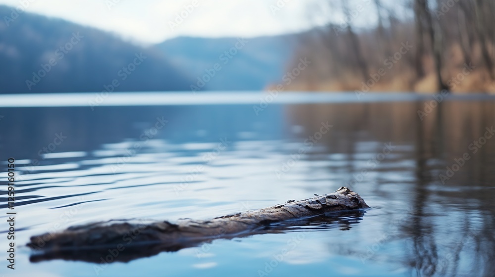 Aufkleber Calm serene water surface with log floating reflecting trees and mountains in peaceful outdoor setting : Generative AI