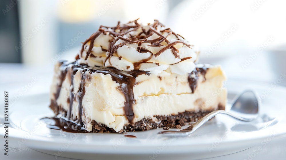 Poster delicious slice of chocolate ice cream cake with whipped cream and chocolate drizzle : generative ai