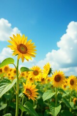 Obraz premium Sunflowers swaying in the wind, Summer flowers treble clef music, outdoor instruments, warm sunshine