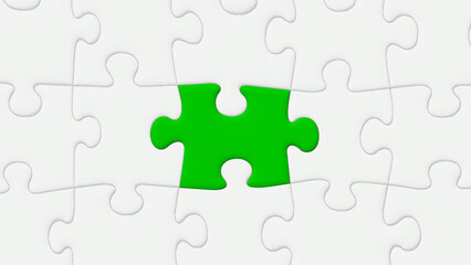 Green Puzzle Piece Jigsaw Highlighted Among Other Grayed-Out Pieces, Centered, Vector 3D Effect