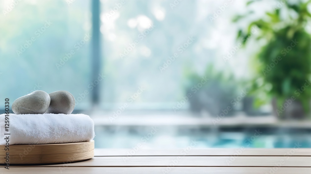 Aufkleber Calming spa setting with smooth stones and soft towel near tranquil water : Generative AI