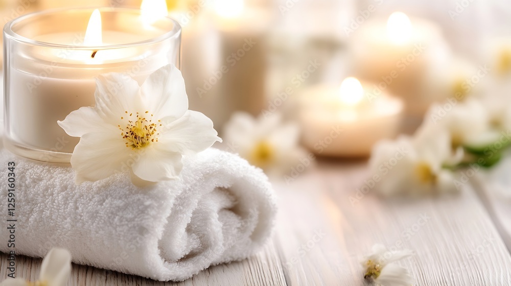 Poster relaxing spa scene with candles and white flower setting ambiance for wellness and tranquility in se