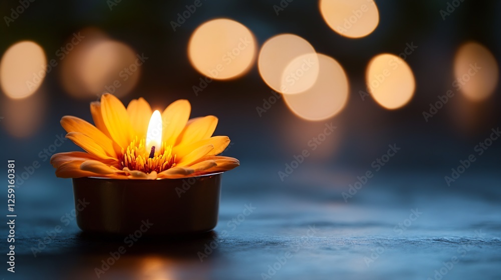 Poster Beautiful Floating Candle with Flower Petals Illuminated Against a Soft Background : Generative AI