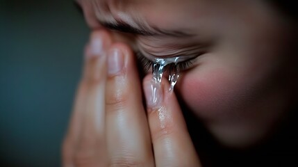 Fototapeta premium Emotional Close Up of a Person Crying with Focus on Tears and Expressions of Sorrow : Generative AI