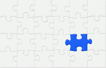 Blue Puzzle Piece Jigsaw Highlighted Among Other Grayed-Out Pieces, Off-Centered Background, Vector 3D Effect, Presentations and Meetings