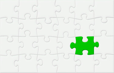 Green Puzzle Piece Jigsaw Highlighted Among Other Grayed-Out Pieces, Off-Centered Background, Vector 3D Effect, Presentations and Meetings