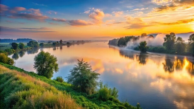 A serene sunset over the Rhine River in Germersheim with lush greenery and misty fog rolling along its banks , sunset, misty
