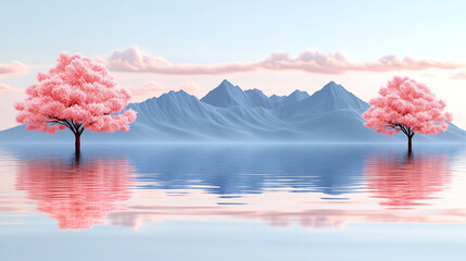 Obraz premium A tranquil landscape featuring two pink flowering trees reflected in calm water with mountains in the background.