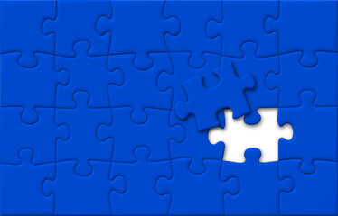 Blue Puzzle Pieces Jigsaw with One Last Missing Piece on Top, Off-Centered Background, Vector 3D Effect with Shadows
