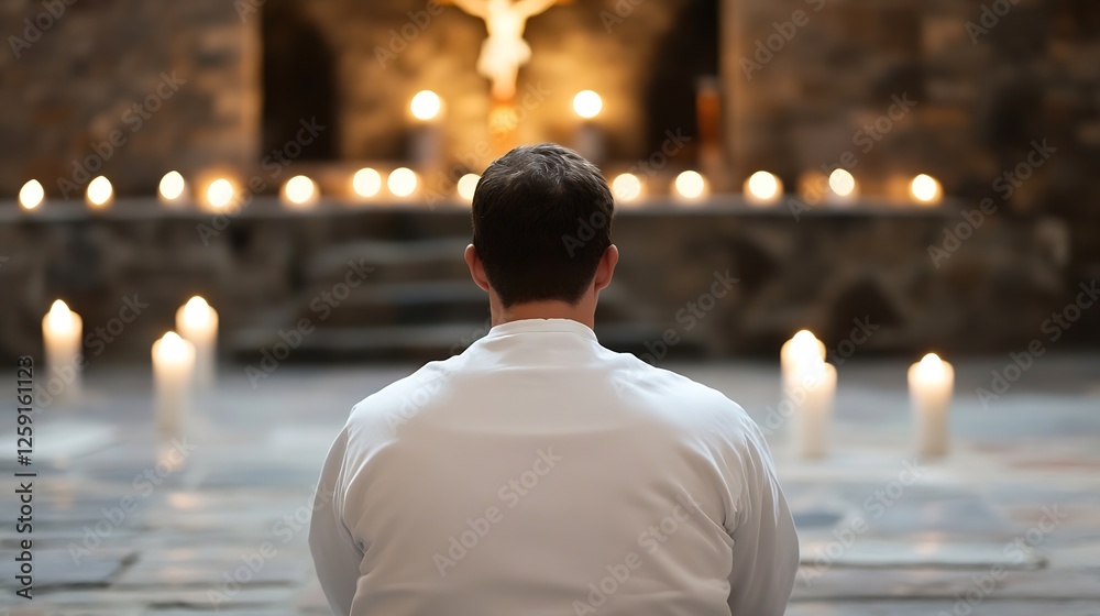 Aufkleber Contemplative Individual Sitting in a Quiet Church Setting Surrounded by Candles Creating a Mood of Reflection : Generative AI