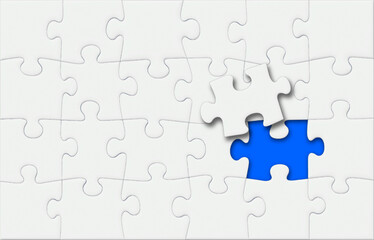 White Puzzle Pieces Jigsaw with One Last Missing Piece on Top and Blue Background, Vector 3D Effect with Shadows